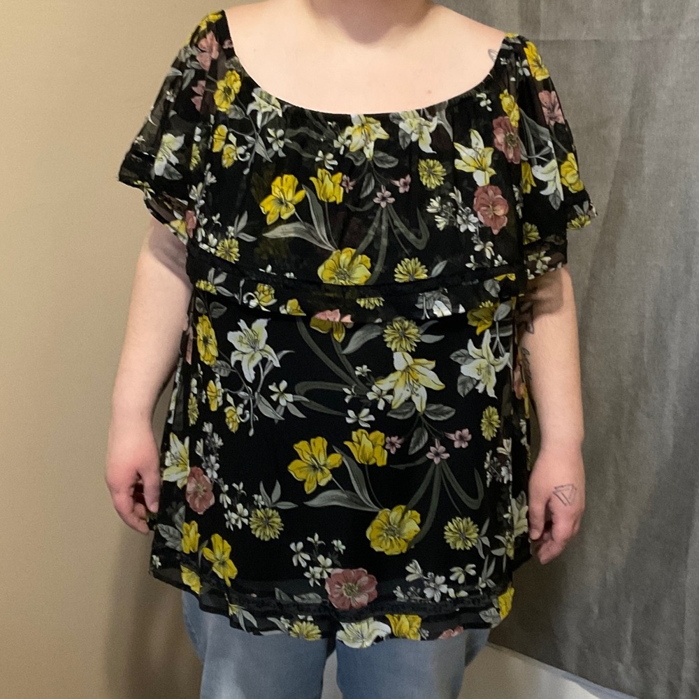 Black Floral Off-Shoulder Tunic with Ruffle Yoke